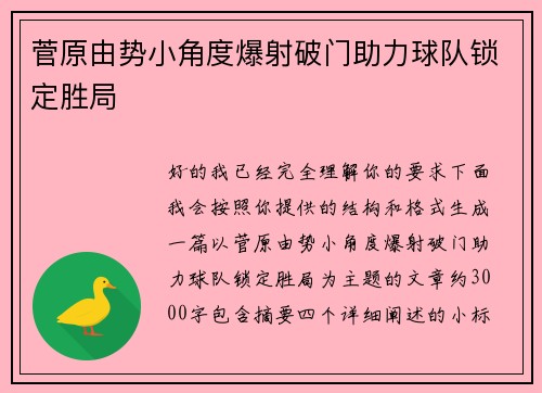 菅原由势小角度爆射破门助力球队锁定胜局 菅原由势小角度爆射破门助力球队锁定胜局