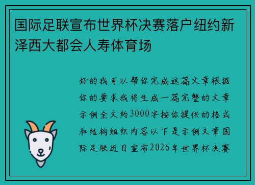 国际足联宣布世界杯决赛落户纽约新泽西大都会人寿体育场
