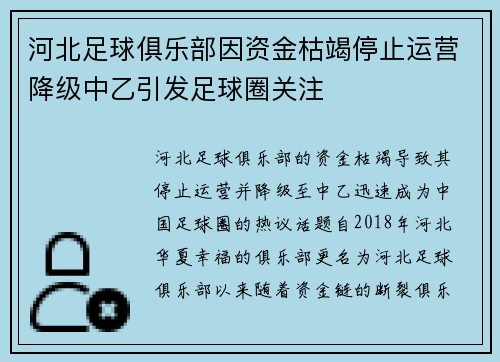 河北足球俱乐部因资金枯竭停止运营降级中乙引发足球圈关注